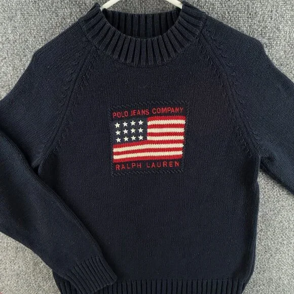 Polo Jeans Ralph Lauren Knit Flag Sweater Cotton Large Navy Blue USA Mock  Neck